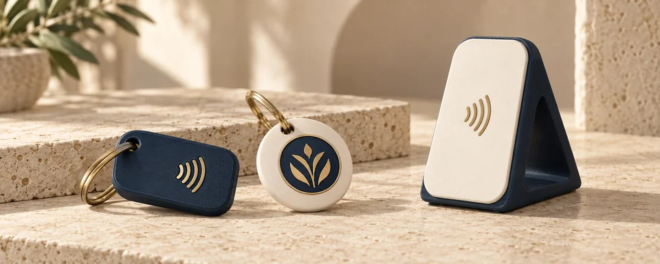 Concept de collection entreprise : porte-clés personnalisés et présentoir NFC, bleu nuit, ivoire et doré.