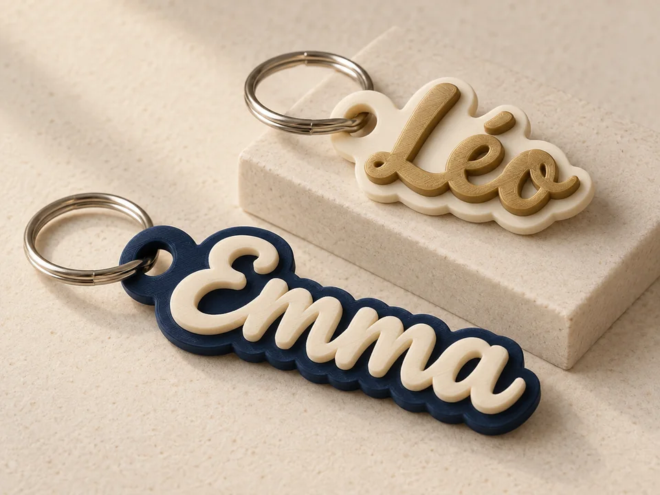 Concept de porte-clés personnalisés Emma et Léo, ivoire, bleu nuit et doré.