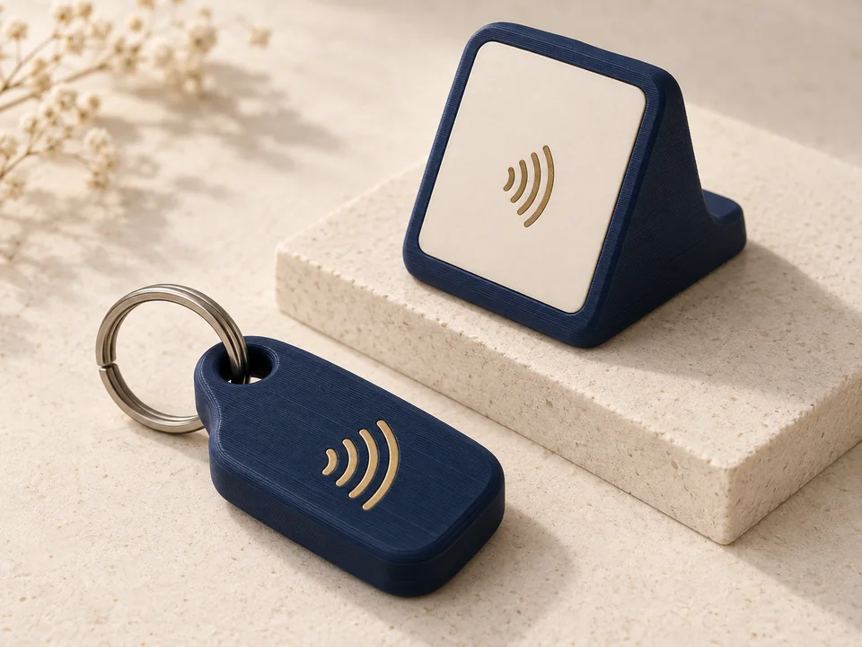 Concept de porte-clé NFC et de présentoir de comptoir assortis.